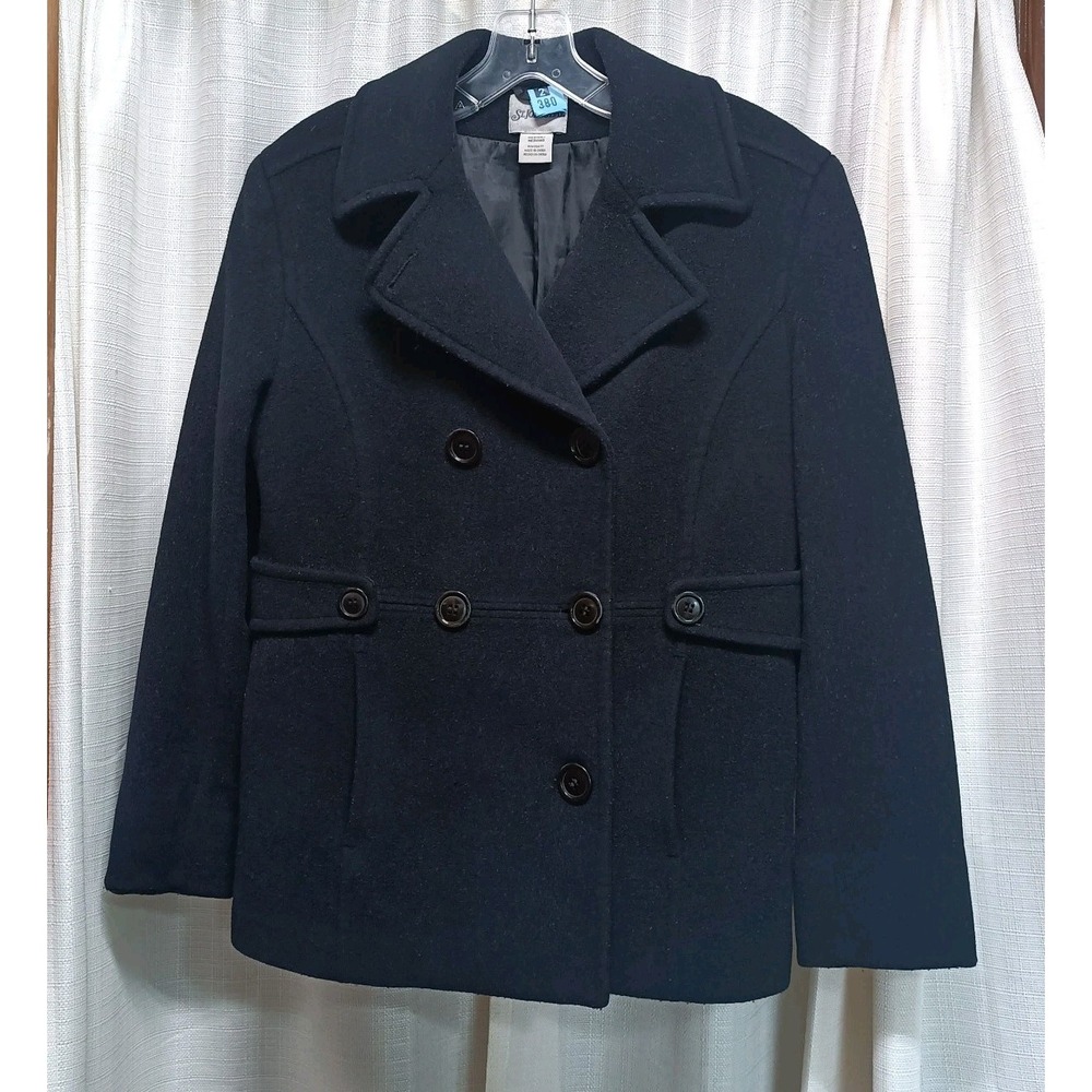 St. John's Bay Women's Size M Black Double Breasted Wool Cashmere Blend Pea Coat